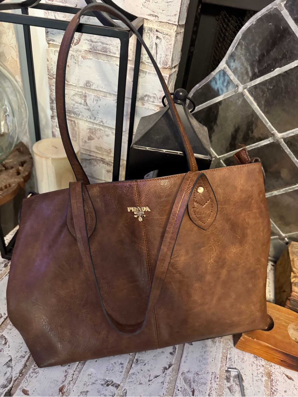Prada style Brown Leather Tote with Gold Logo